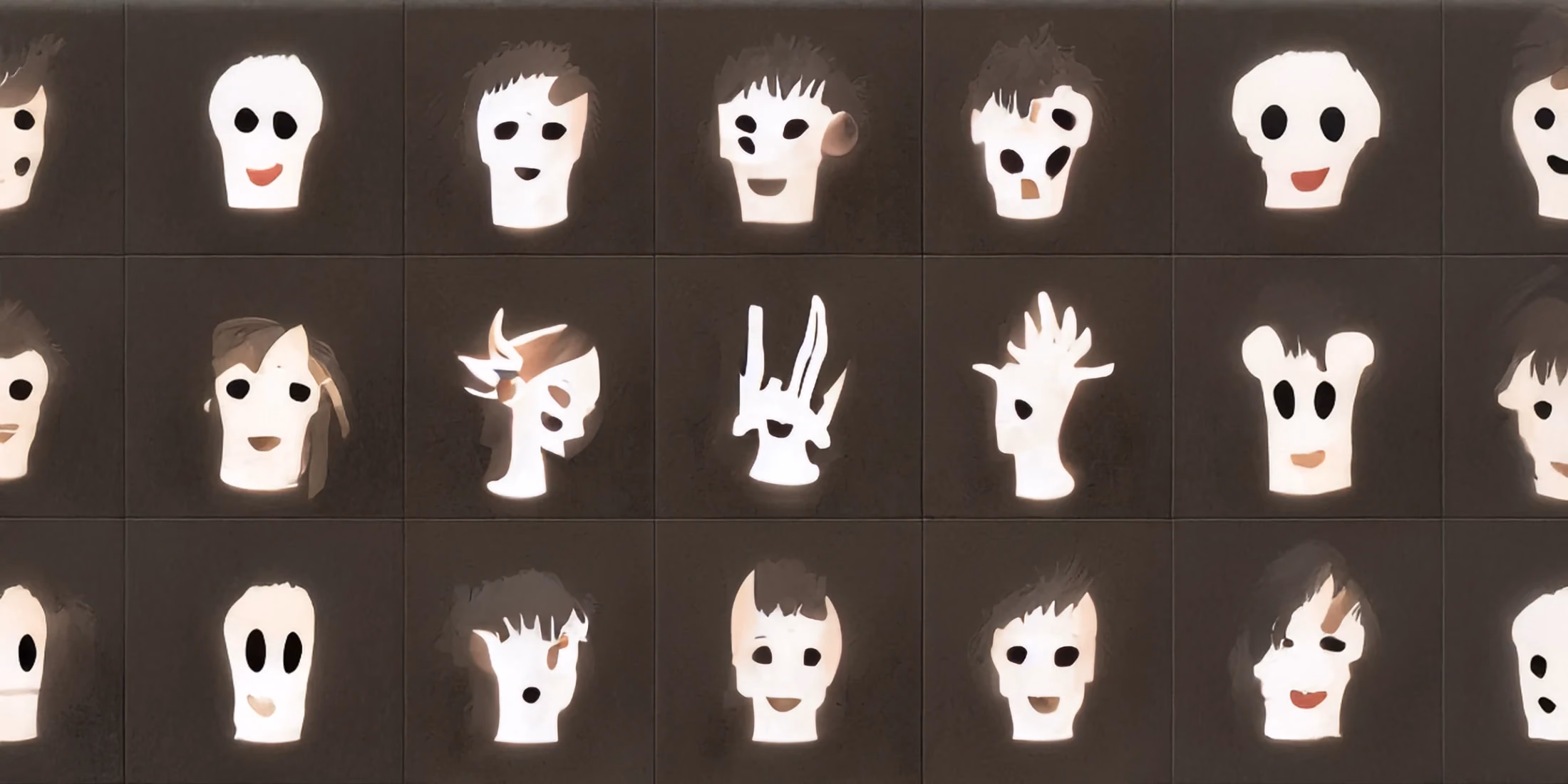Rows of irregular white faces on a dark background