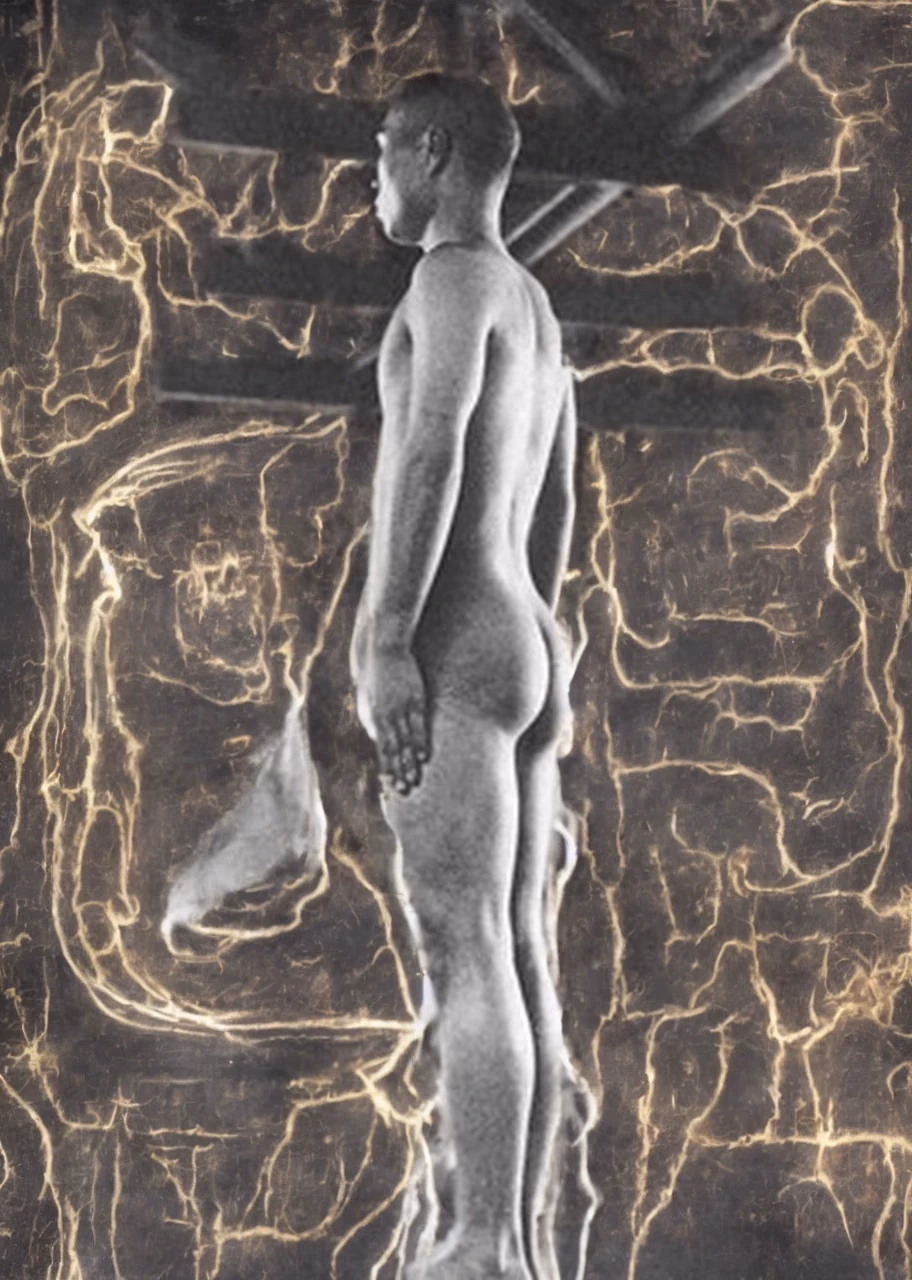 An elongated figure surrounded by gold linework