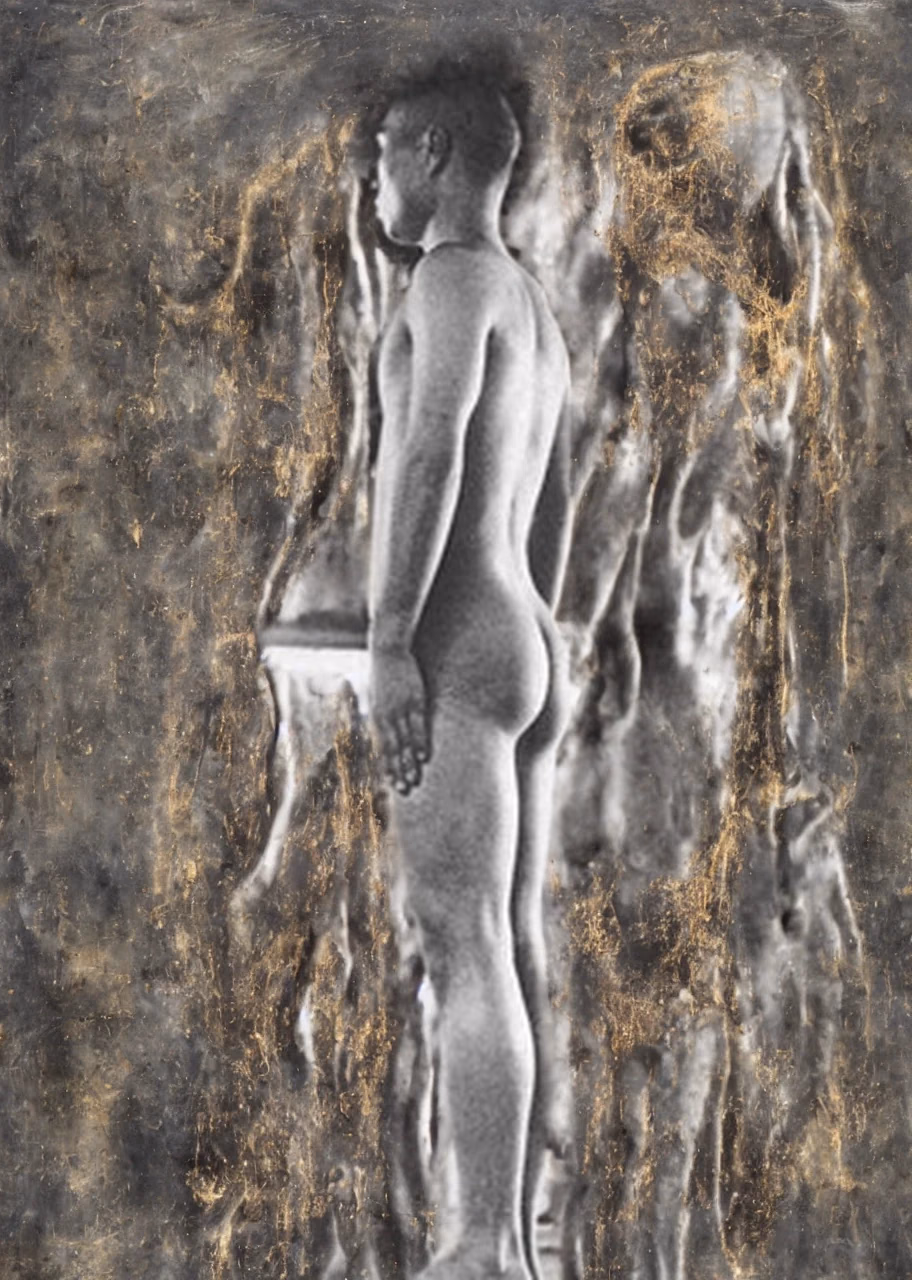 Layered elongated figures against a textured background