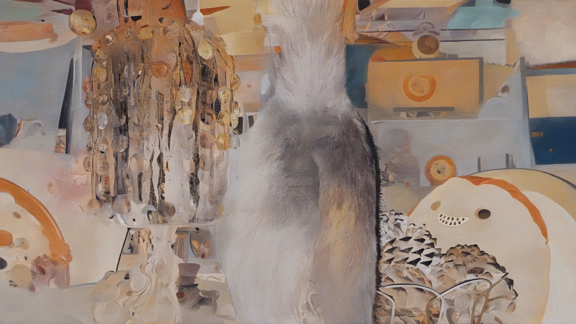 A cat-like form dissolving into an abstract interior