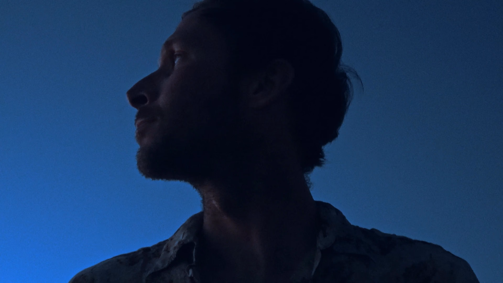 A figure in profile beneath a deep blue sky